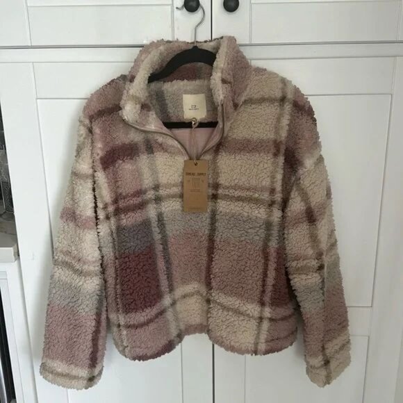 Thread & Supply Plaid Sherpa Teddy 1/4 Zip Jacket Fuzzy Womens Medium NWT - Picture 1 of 4